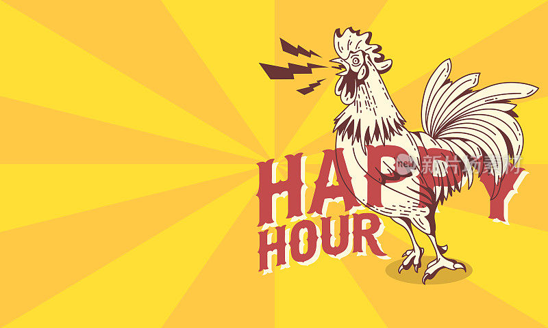 Happy Hour古董海报设计与公鸡啼鸣的影响。